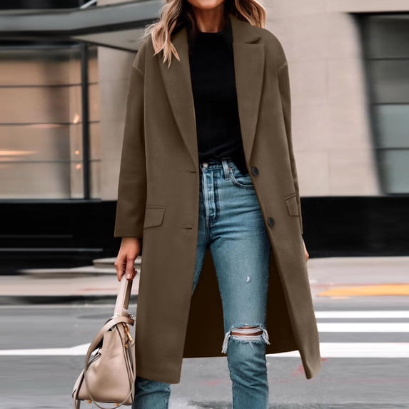 Women's Long Sleeve Lapel Button Down Casual Trench Coat Outwear Brown S