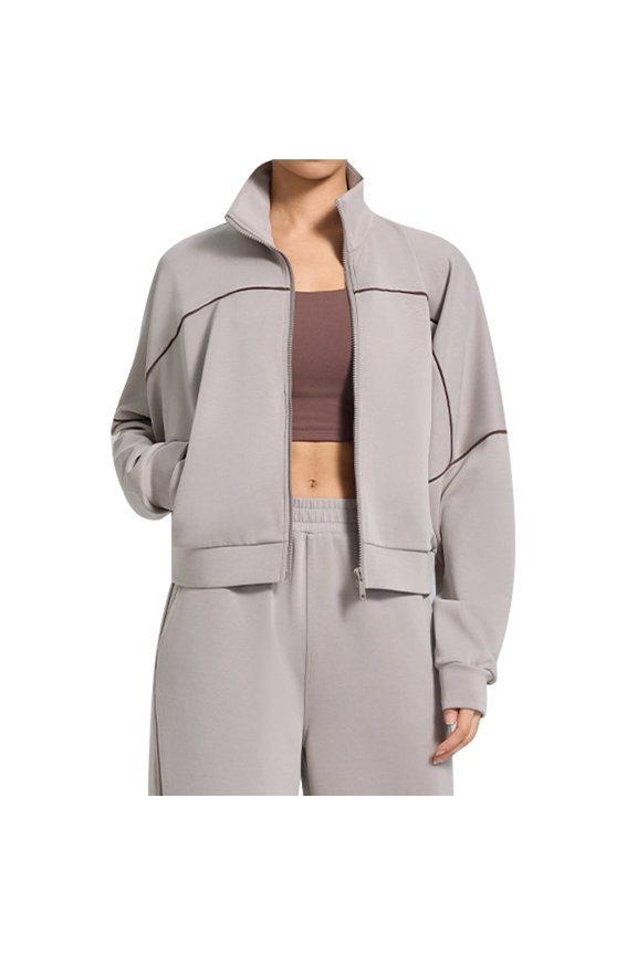Women's Long Sleeve Lapel Sports Jacket with Zipper Autumn and Winter Loose Outdoor Yoga Jacket Gray M