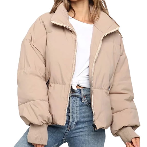 Women's Long Sleeve Lapel Zip Up Puffer Jacket Loose Short Winter Down Coats Solid Color Padded Coat Outerwear