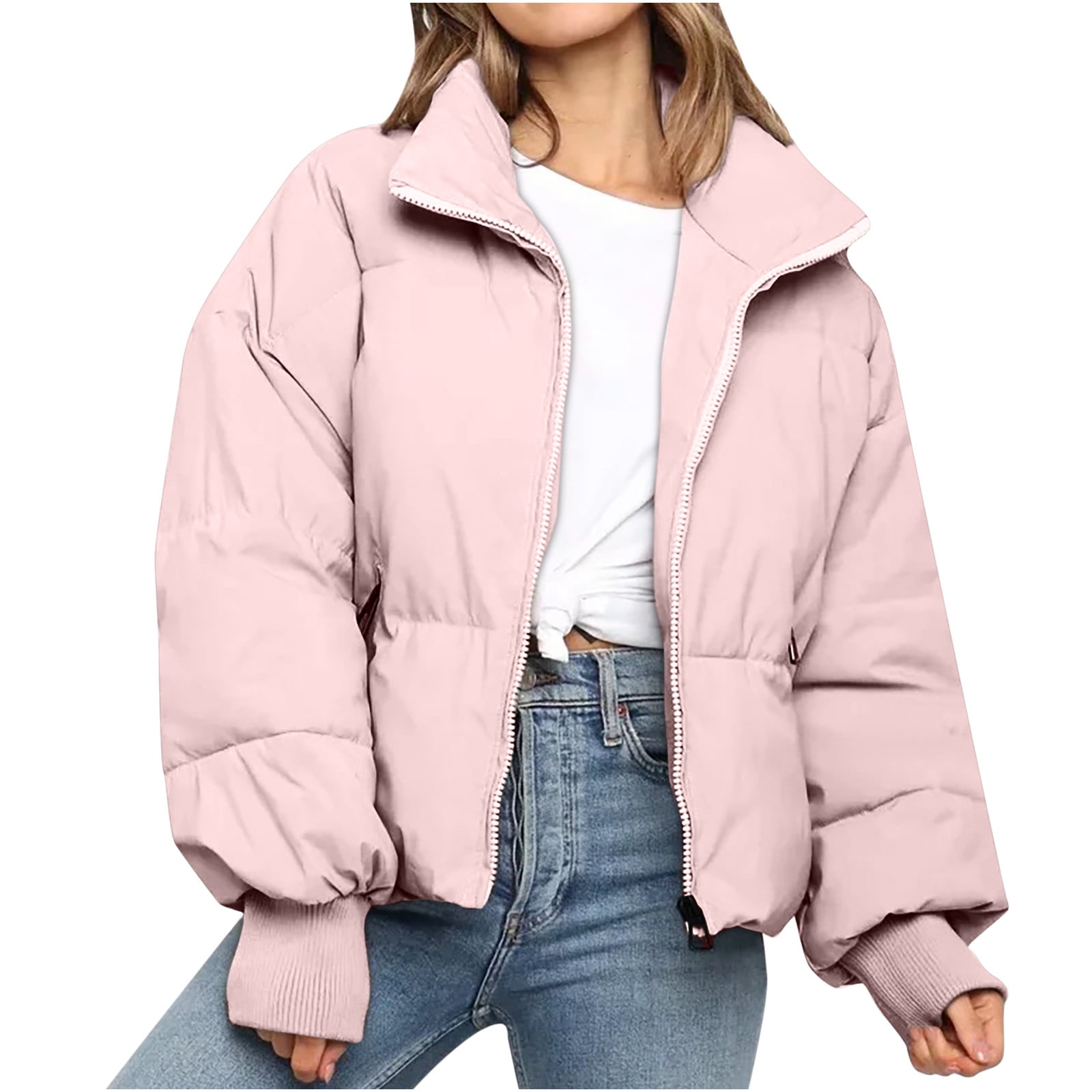 Women's Long Sleeve Lapel Zip Up Puffer Jacket Loose Short Women's Long Sleeve Lapel Zip Up Puffer Jacket Loose Short