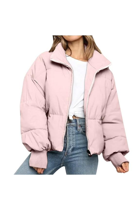 Women's Long Sleeve Lapel Zip Up Puffer Jacket Loose Short Winter Down Coats Solid Color Padded Coat Outerwear