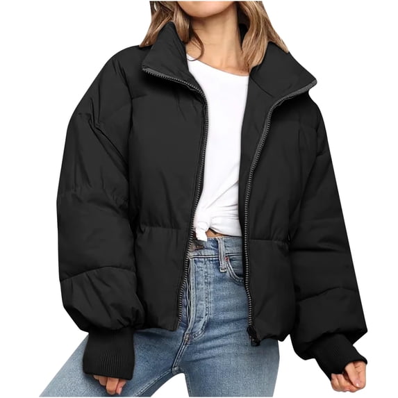 Women's Long Sleeve Lapel Zip Up Puffer Jacket Loose Short Winter Down Coats Solid Color Padded Coat Outerwear