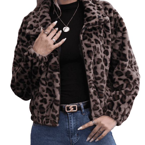 Women's Leopard Fleece Jacket Crop Zip Long Sleeve Jackets