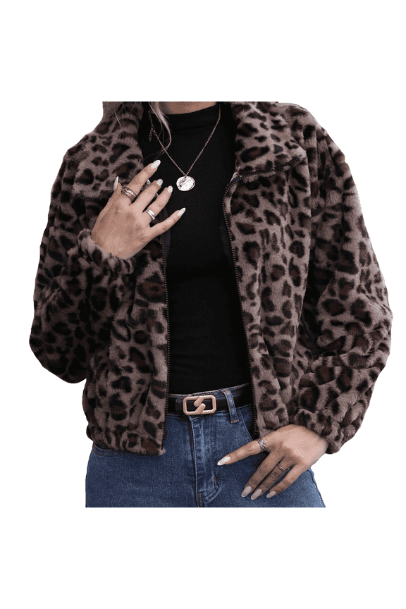 Women's Leopard Fleece Jacket Crop Zip Long Sleeve Jackets