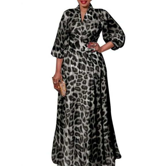 Women's Long Sleeve Leopard Print Tunic Dress Evening Party Maxi Dress