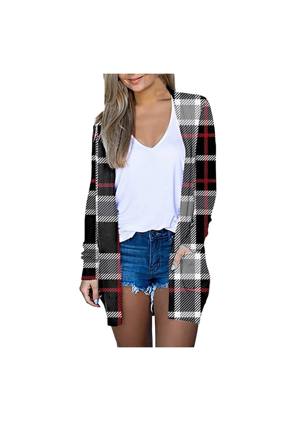 Women's Long Sleeve Lightweight Cardigan Open Front Casual Red Black Plaid Jacket Soft Sweater Outerwear with Pockets