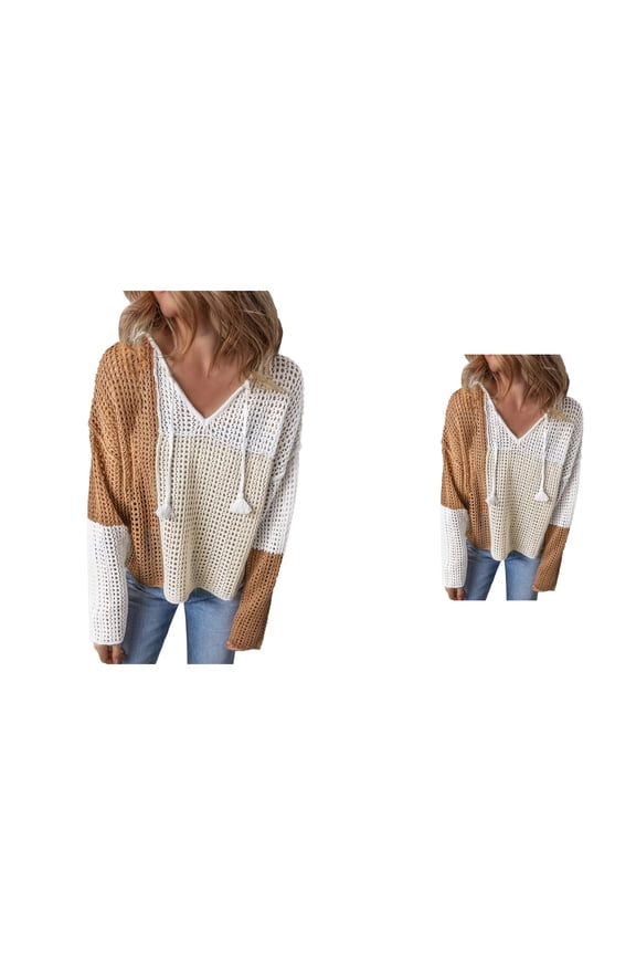 Women's Long Sleeve Lightweight Knit Sweater – Color Block Eyelet Hollow Out V-Neck Pullover with Drawstring, Loose Casual Crochet Top