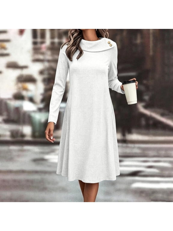 Women's Long Sleeve A Line Midi Cocktail Dress | Fit and Flare, Modest Crew Neck, Flowy Swing Hem, Vertical Seams, Elegant Fall Winter Dresses for Church, Work, Office Party Fashion 2026