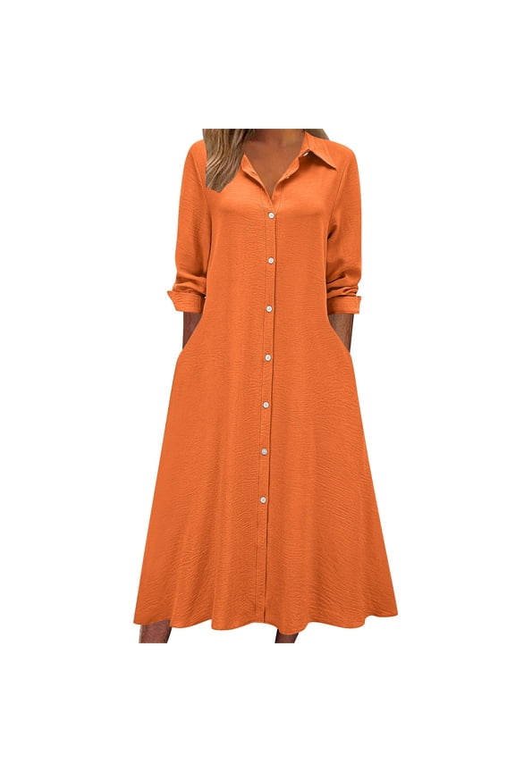 Women's Long Sleeve Linen-Cotton Lapel Solid Color Ankle-Length Button-Front Maxi Dress Summer Daily Flowy Casual Outings Beach Vacation Clothes Button Down Shirts Cute Sundresses Shirt Dress