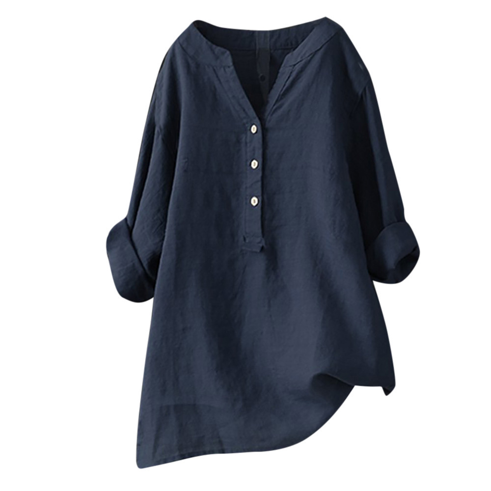 Women's Long Sleeve Linen Cotton Shirts for Women 2024 3/4 Sleeve V ...