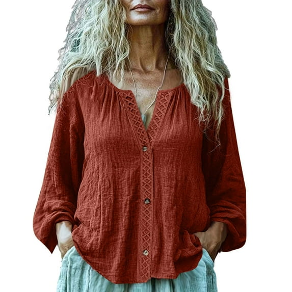 Women's Long Sleeve Linen Tops Loose Button Down Shirts Boho Style Beach Spring Summer Casual Blouses (2XL, Wine)