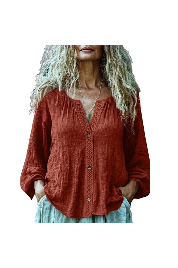 Women's Long Sleeve Linen Tops Loose Button Down Shirts Boho Style Beach Spring Summer Casual Blouses (M, Wine)