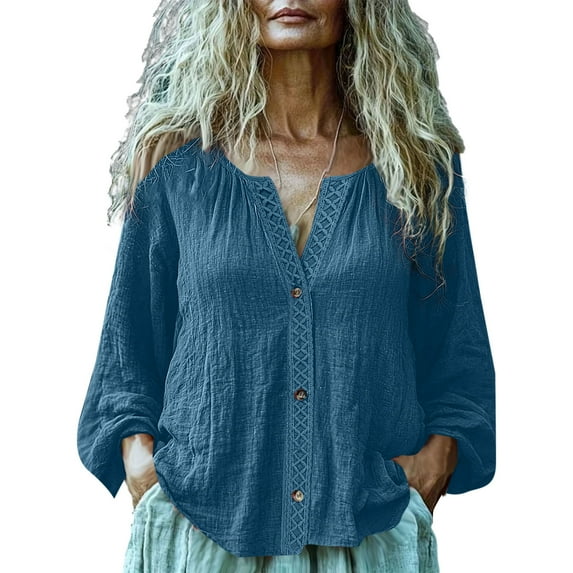 Women's Long Sleeve Linen Tops Loose Button Down Shirts Boho Style Beach Spring Summer Casual Blouses (XL, Navy)