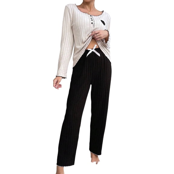 Women's Long Sleeve Long Pants Pajama Set - Outdoor Wear Suitable Loungewear - Black Size L