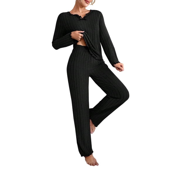 Women's Long Sleeve Long Pants Pajama Set - Outdoor Wear Suitable Loungewear - Black Size M