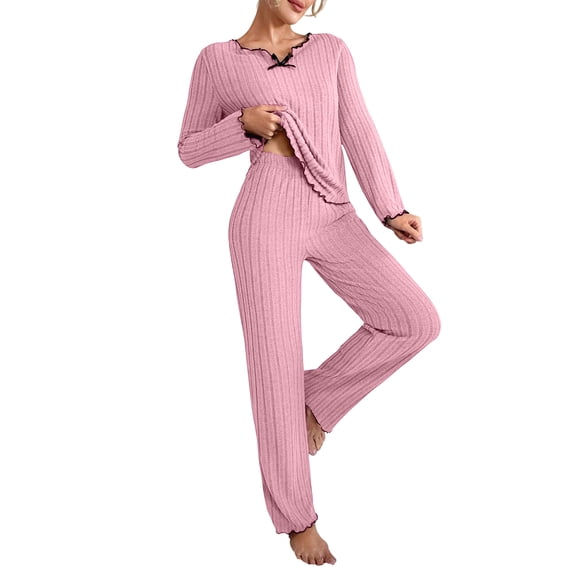 Women's Long Sleeve Long Pants Pajama Set - Outdoor Wear Suitable Loungewear - Pink Size S