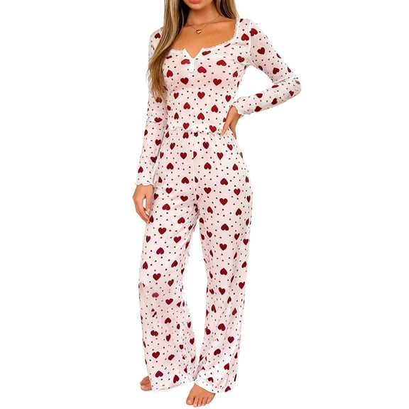 Women's Long Sleeve Long Pants Pajama Set - Outdoor Wear Suitable Loungewear - Red Size XL