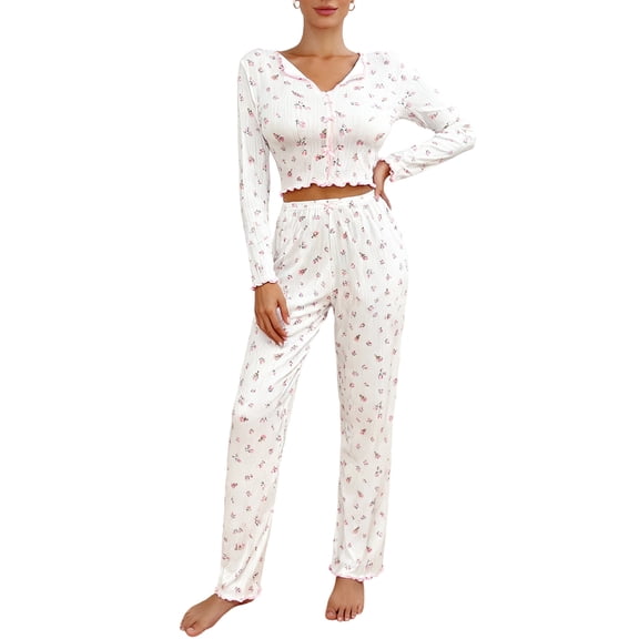 Women's Long Sleeve Long Pants Pajama Set - Outdoor Wear Suitable Loungewear - White Size S