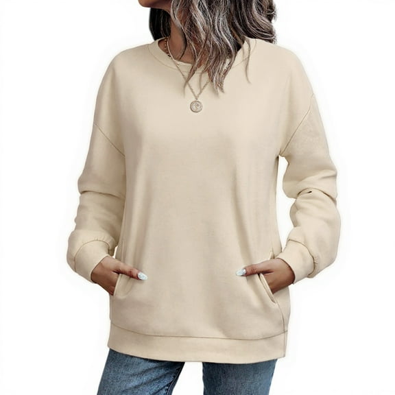 Women’s Long Sleeve Loose Crewneck Pullover Sweatshirt With Pockets, Soft Lightweight Casual Top for Autumn Winter Everyday Wear Beige