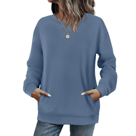 Women’s Long Sleeve Loose Crewneck Pullover Sweatshirt With Pockets, Soft Lightweight Casual Top for Autumn Winter Everyday Wear Blue