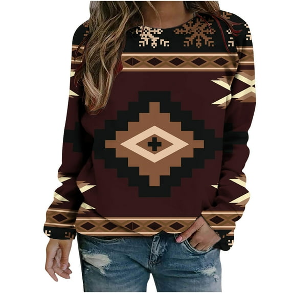 Women's Long Sleeve Loose Fit Flowy Tunic Tops Spring Elegant Shirts Vintage Dressy Casual Tops Fashion 2024 Summer Clothes for Teen Girls Western Ethic Print Round Neck Blouse Multicolor T Shirts L