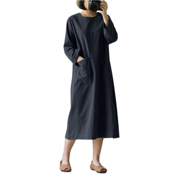 Women’s Long Sleeve Loose Fit Midi Dress with Crew Neck and Large Front Pocket for Everyday Wear Casual Style Navy L