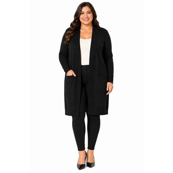 Women's Plus Size Long Sleeve Open Front Knit Sweater Cardigan with Pockets