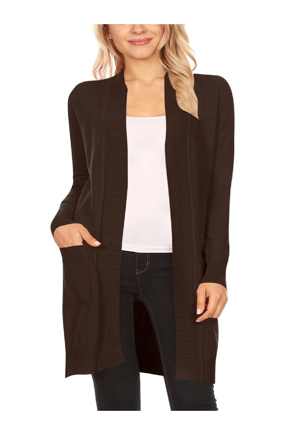 Women's Long Sleeve Loose Fit Open Front Pockets Solid Knit Sweater Cardigan