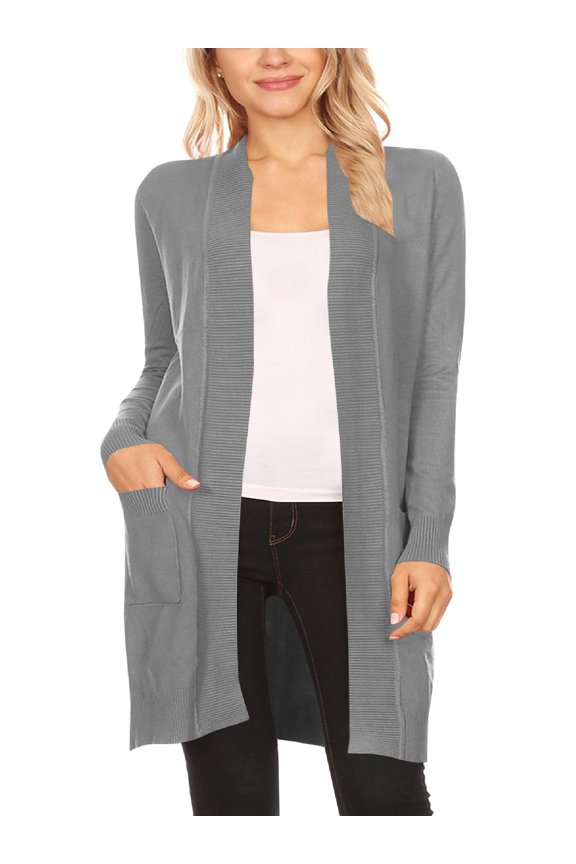 Women's Long Sleeve Loose Fit Open Front Pockets Solid Knit Sweater Cardigan