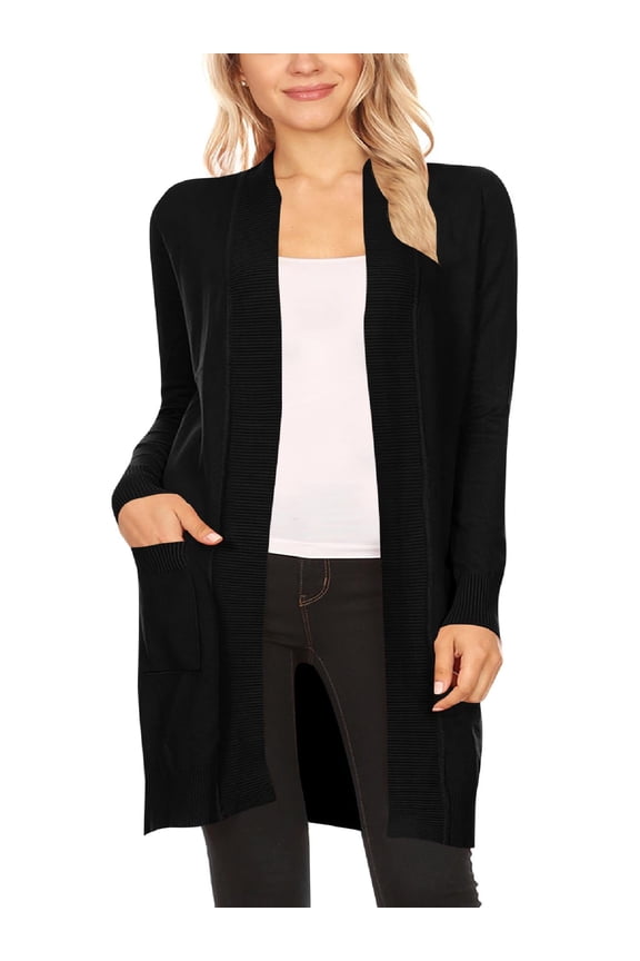 Women's Long Sleeve Loose Fit Open Front Pockets Solid Knit Sweater Cardigan