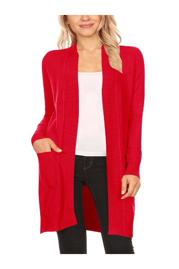 Women's Long Sleeve Loose Fit Open Front Pockets Solid Knit Sweater Cardigan