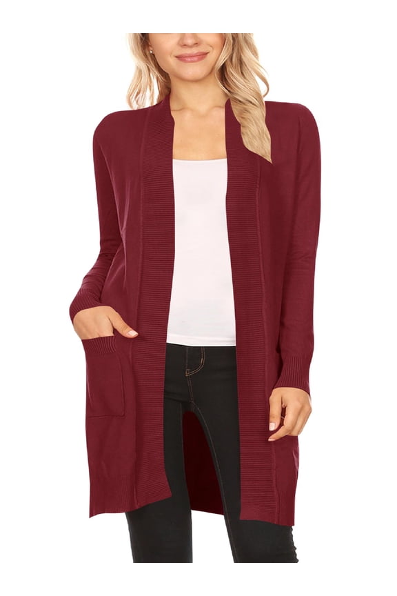 Women's Long Sleeve Loose Fit Open Front Pockets Solid Knit Sweater Cardigan