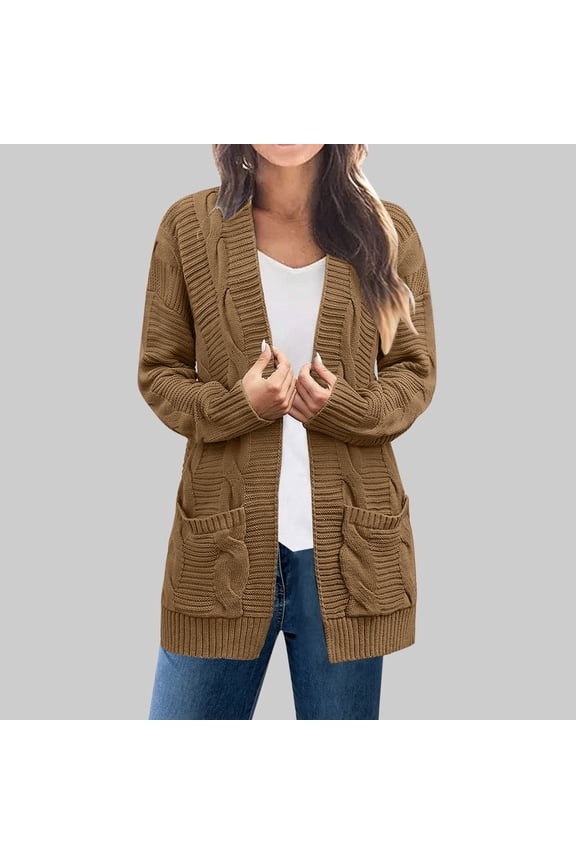 Women's Long Sleeve Loose Knit Cable Open Front Button Down Cardigan Sweater Outerwear Coat Fashion Solid Loose Long Sleeves Blouse Cardigan Coat with Pockets