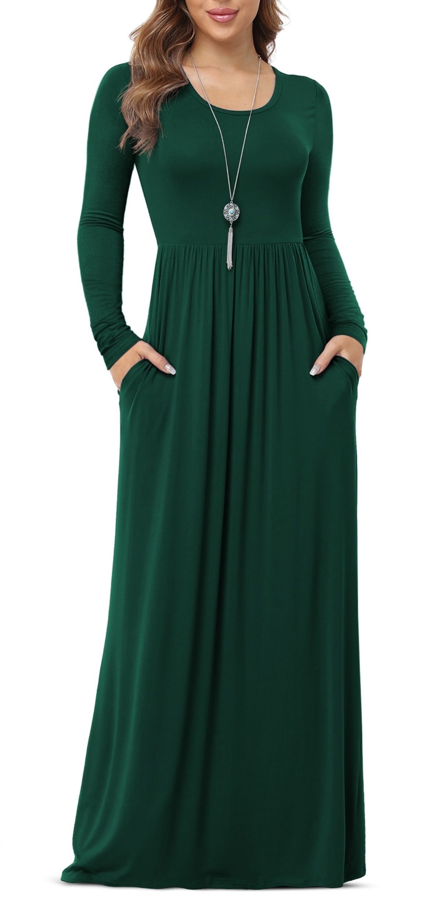 Eternal Blue Love Women's Long Sleeve Loose Plain Maxi Dresses Casual Long Dresses with Pockets,US Size,Long Sleeve Dark Green,L, Size: Small/Medium/