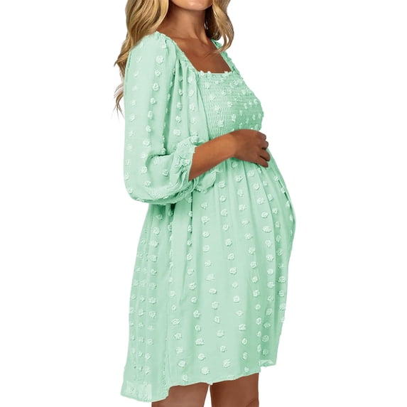 Women's Long Sleeve Maternity Dress Square Neck Swiss Dot Casual Loose Short Dresses