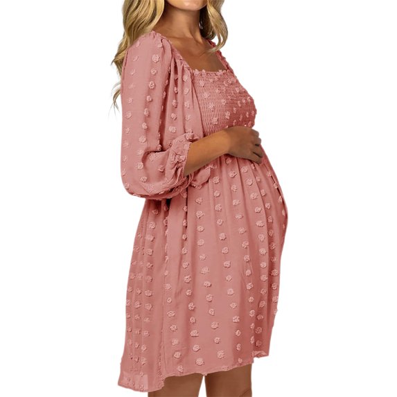 Women's Long Sleeve Maternity Dress Square Neck Swiss Dot Casual Loose Short Dresses