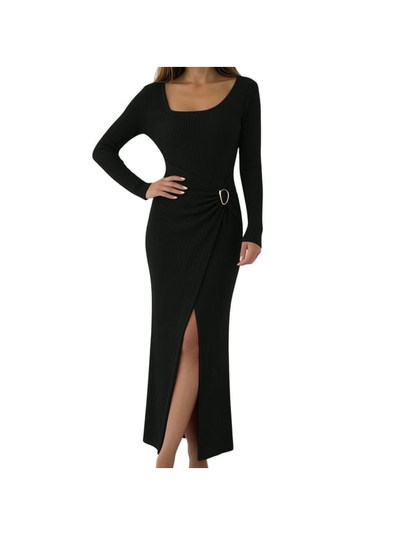 Women's Long Sleeve Maxi Bodycon Dresses Elegant Semi Formal Cocktail Knit Body Con Asymmetrical Weddding Guest