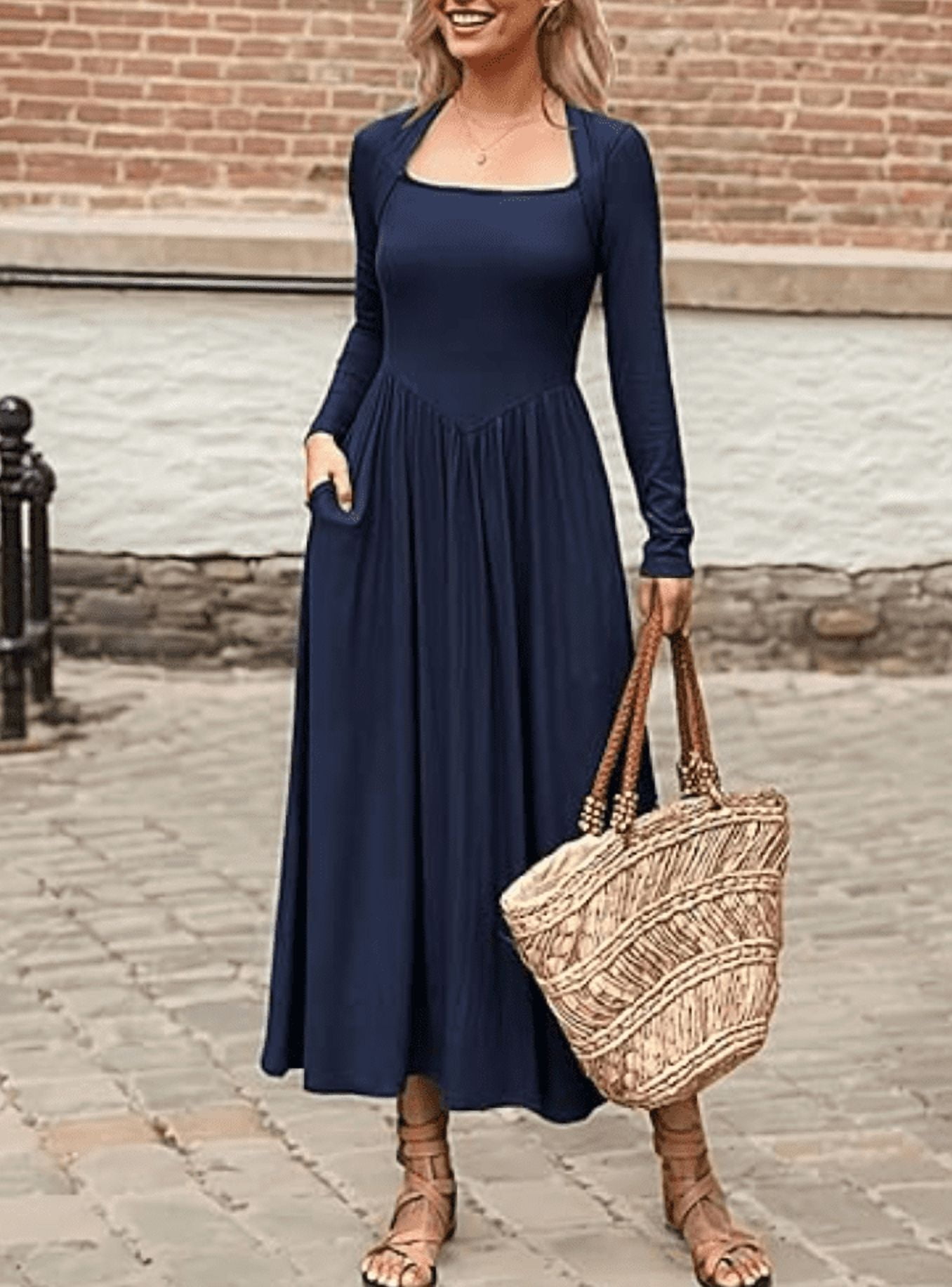 Knit Flowy Dress With Pockets Flowy Dress ZESICA Women's Long Sleeve Maxi  Dress - Elegant Knit A-Line For Fall 2025 Parties Fall Fashion Dress Long  Sleeve Maxi Dress For Women