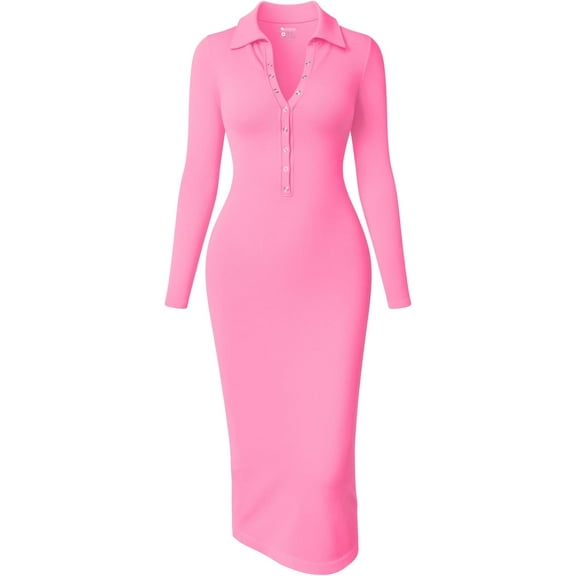 Women's Long Sleeve Maxi Dress Ribbed Back Slit Button Down Bodycon Soft Going Out Elegant Party Dresses
