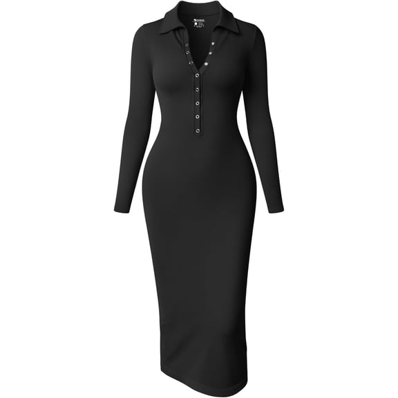Women's Long Sleeve Maxi Dress Ribbed Back Slit Button Down Bodycon Soft Going Out Elegant Party Dresses