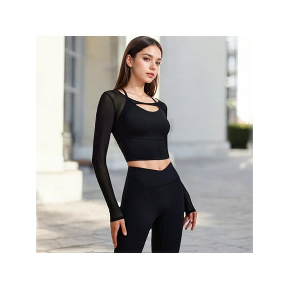 Women's Long Sleeve Mesh Cropped Activewear Top with Cutout Detail and Sheer Sleeves - Large, Black