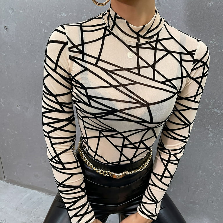 Women's Long Sleeve Mesh Sheer Tops Elegant Casual Striped Print