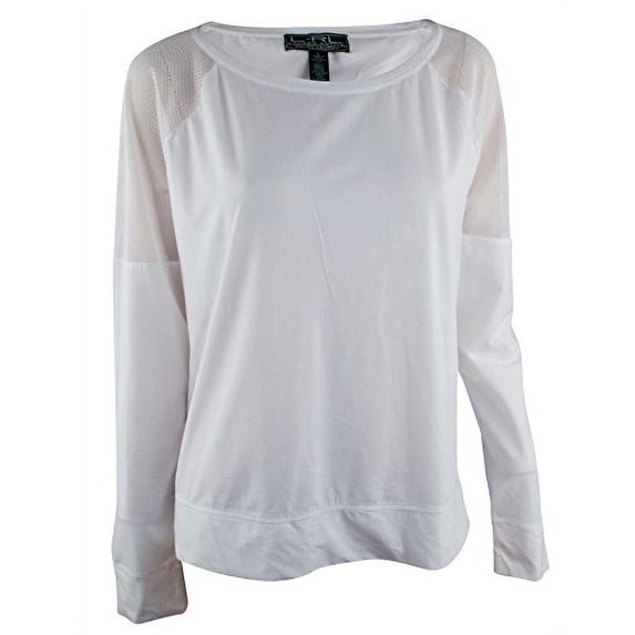 Women's Long Sleeve Mesh Shoulder Top Shirt Wht Large