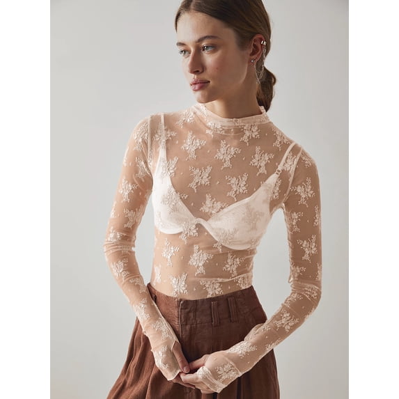 Women's Long Sleeve Mesh Top Mock Neck Sheer Blouse See Through Floral Lace Tops