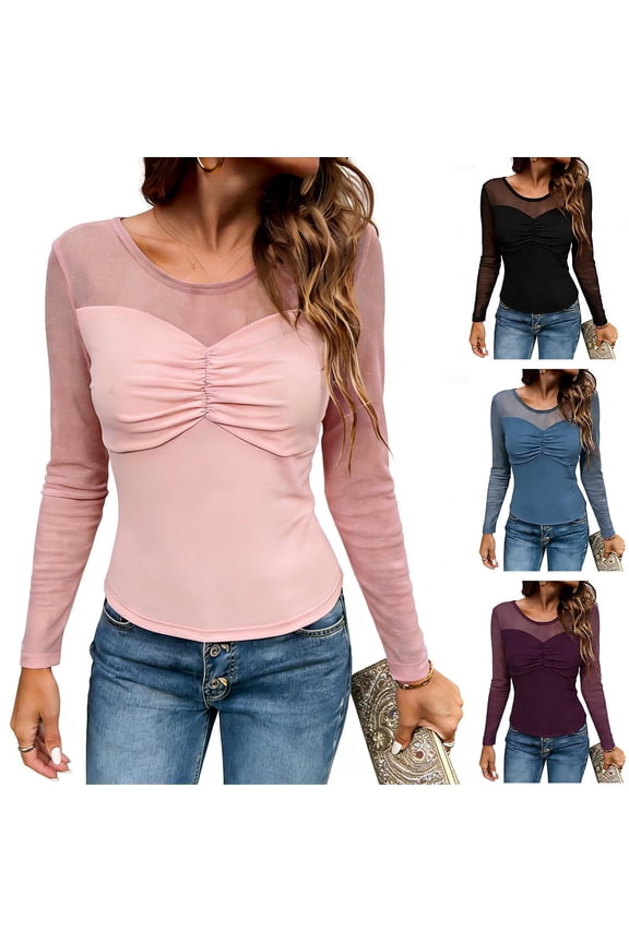 Women's Long Sleeve Mesh Top Slim Fit Stretch Patchwork Ruched Base Layer Tops Shirts Blouses Solid Color Casual Daily Wear Loungewear Fashion Essential Gift for Women | Aestivo,Blue L