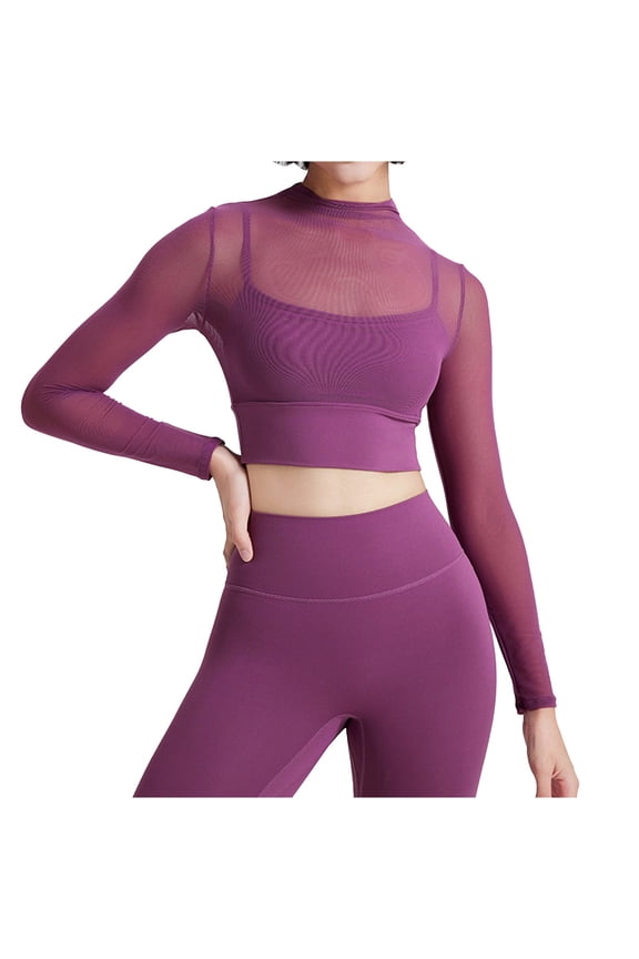 Women's Long Sleeve Mesh Yoga Set with Built-In Support Bra and High-Waist Leggings for Fitness Running Workout