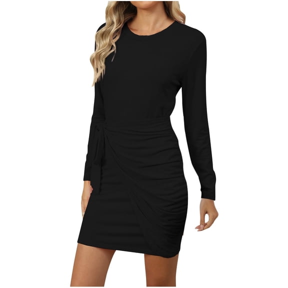 Women's Long Sleeve Mini Dress Casual Tie Waist Ruched Bodycon Short Dress Crewneck Flattering Stylish Comfortable