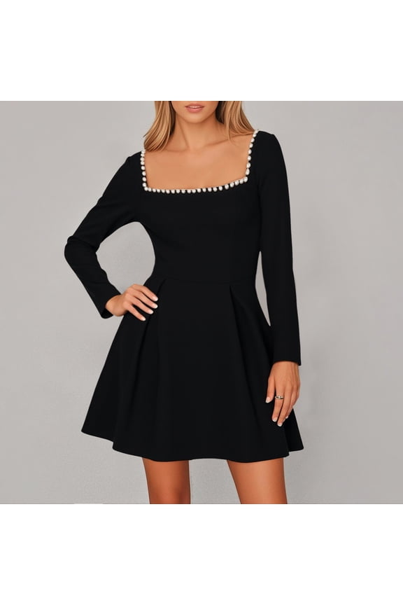 Women's Long Sleeve Mini Dress Pearl Square Neck Ruffle Hem Short Dress Bride Party Club Elegant Dresses Summer Women Casual Mini Dresses for Women Casual Summer Midi Dress with Slit Long Sleeve Swing