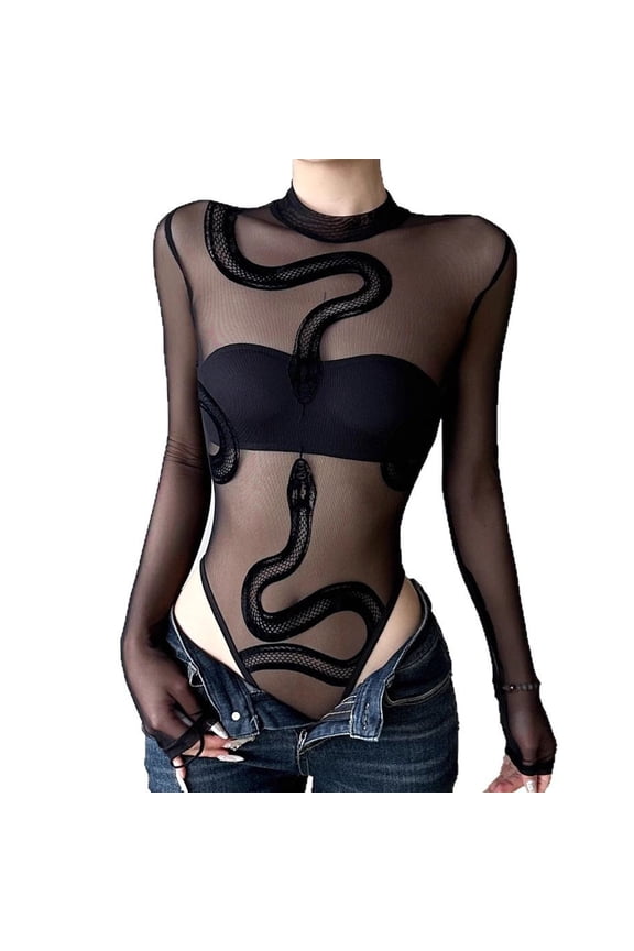 Women's Graphics Snake Sheer Mesh Long Sleeve Bodysuit Tops See Through Jumpsuit Leotard Clubwear