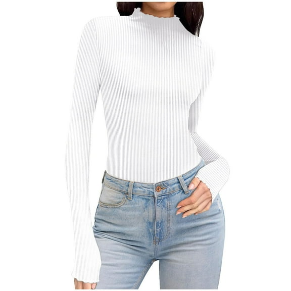 Women's Long Sleeve Mock Neck Crop Top Knitted Slim Fitted Shirts Y2k Trendy Basic Blouse Solid Color Casual Fall Clothes (White 2XL)